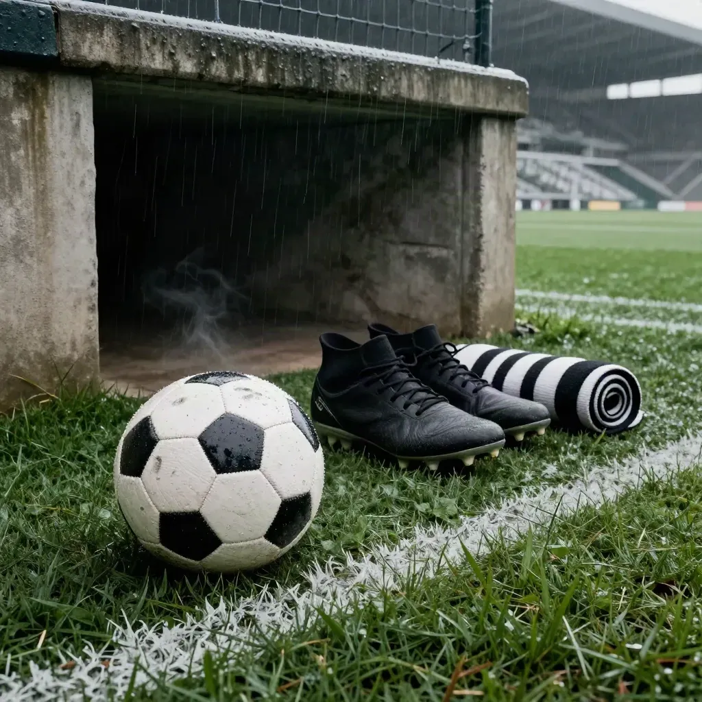 Wet match ball, boots, and scarf by a rain-dark stadium tunnel at dusk