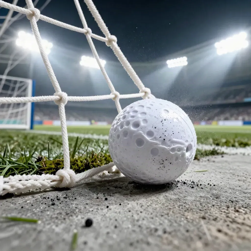 Goal ball bulges the net under floodlights, with torn turf and mist behind.