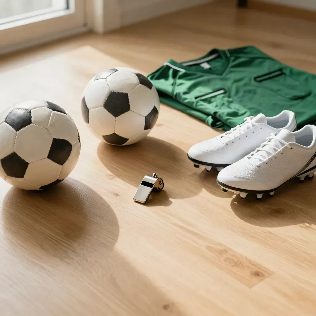Flat lay of football boots, two balls, whistle and training top on pale wood in soft morning light.