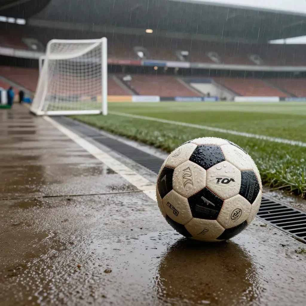 Wet match ball at a floodlit pitch edge with mist, empty stands, and goal frame.