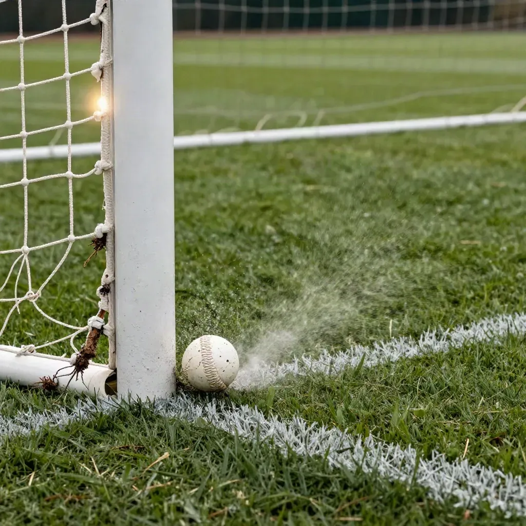 Ball rebounds off the post in a wet goalmouth, turf spray and net shadow frozen in motion.