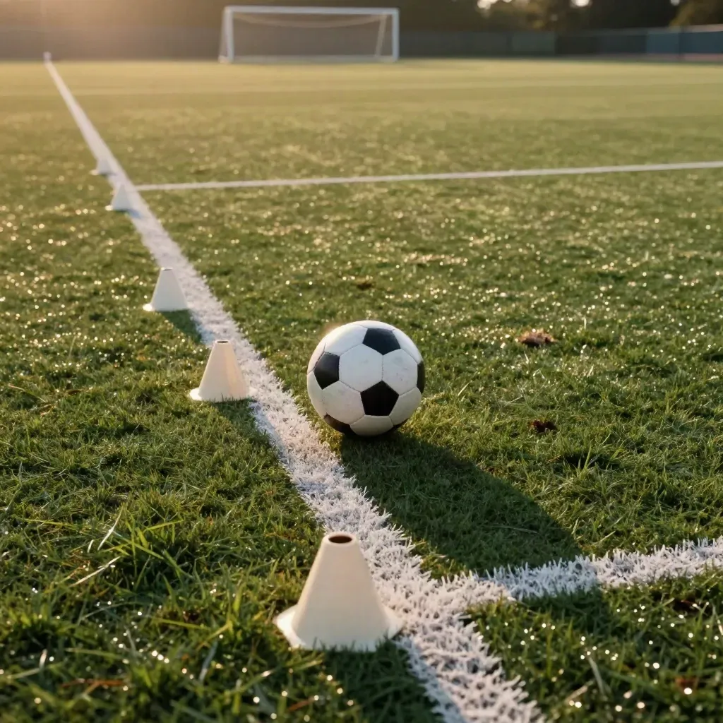 Match ball racing down the wing beside cones and the corner arc at warm evening light.