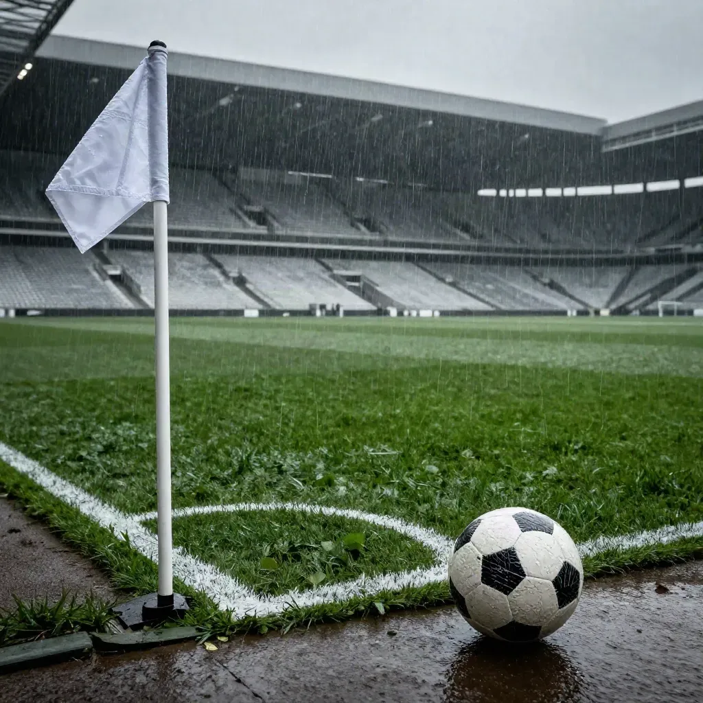 Rainy football touchline at halfway with ball on the line and white flags