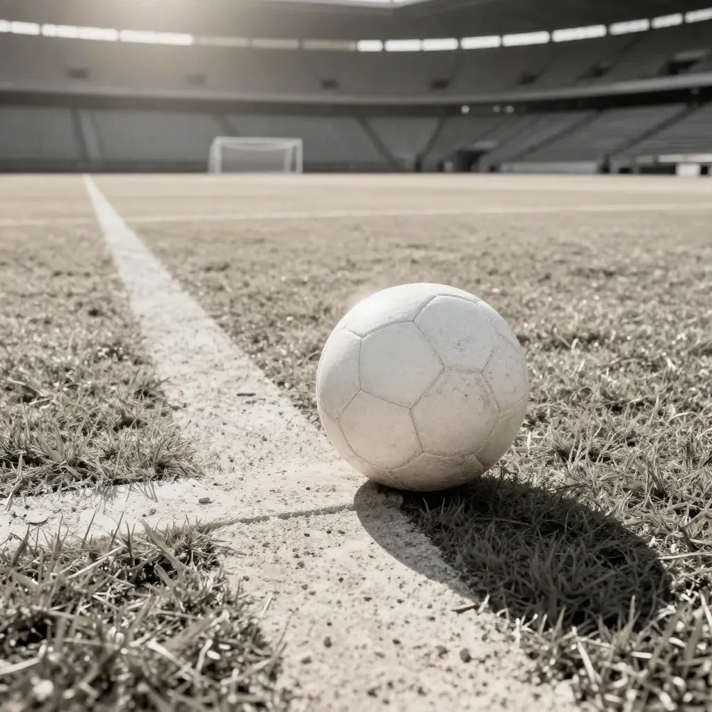White training ball skimming across a sunlit penalty arc in an empty stadium