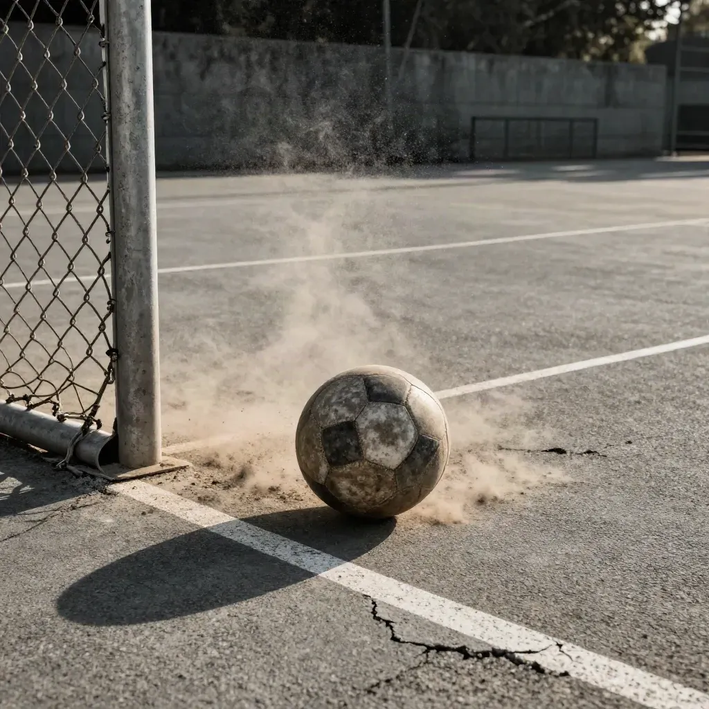 Worn match ball kicks dust beside a chain-link goal on a cracked urban pitch with palm shadows.