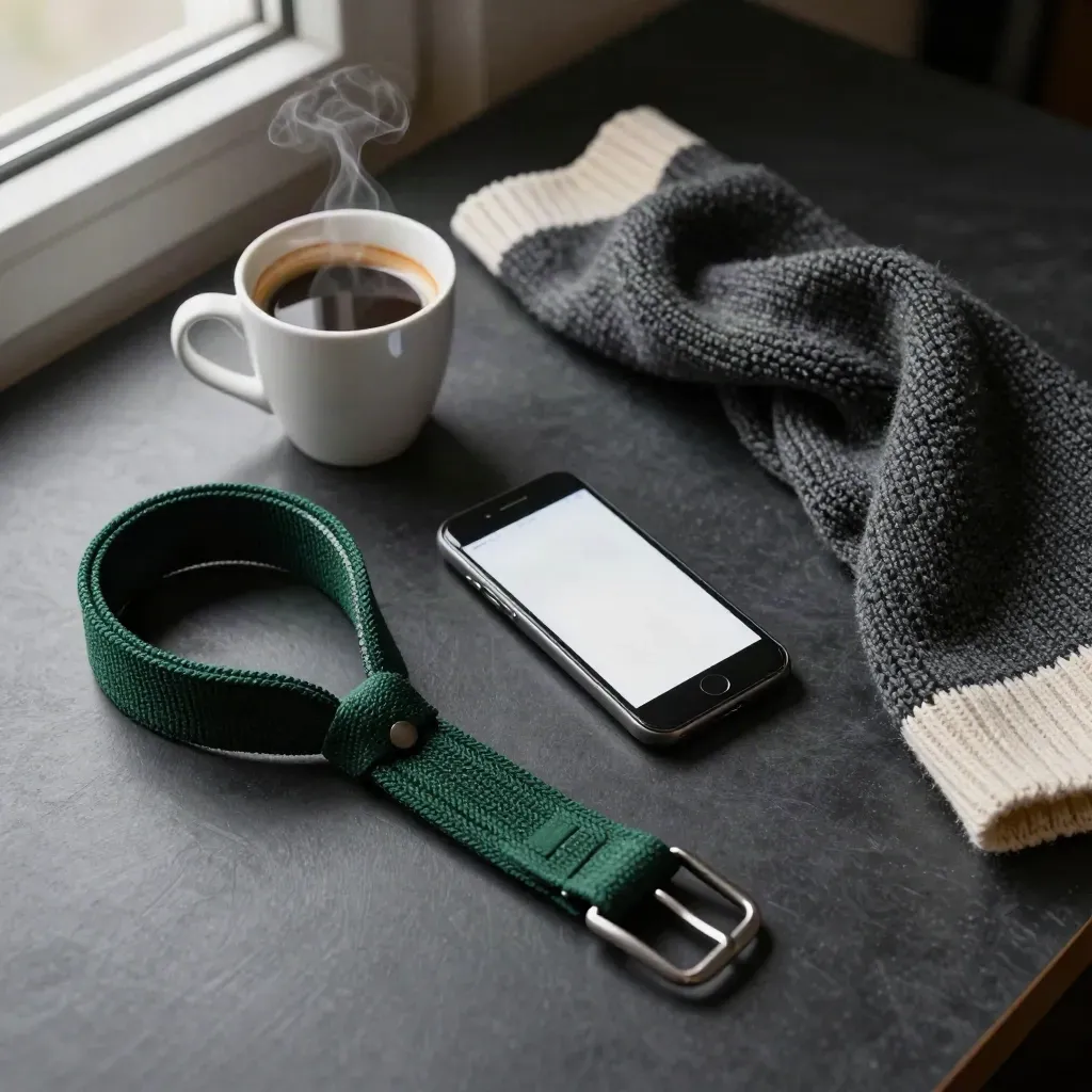 Top-down fantasy football desk with captain’s armband, glowing phone, coffee cup and folded scarf.