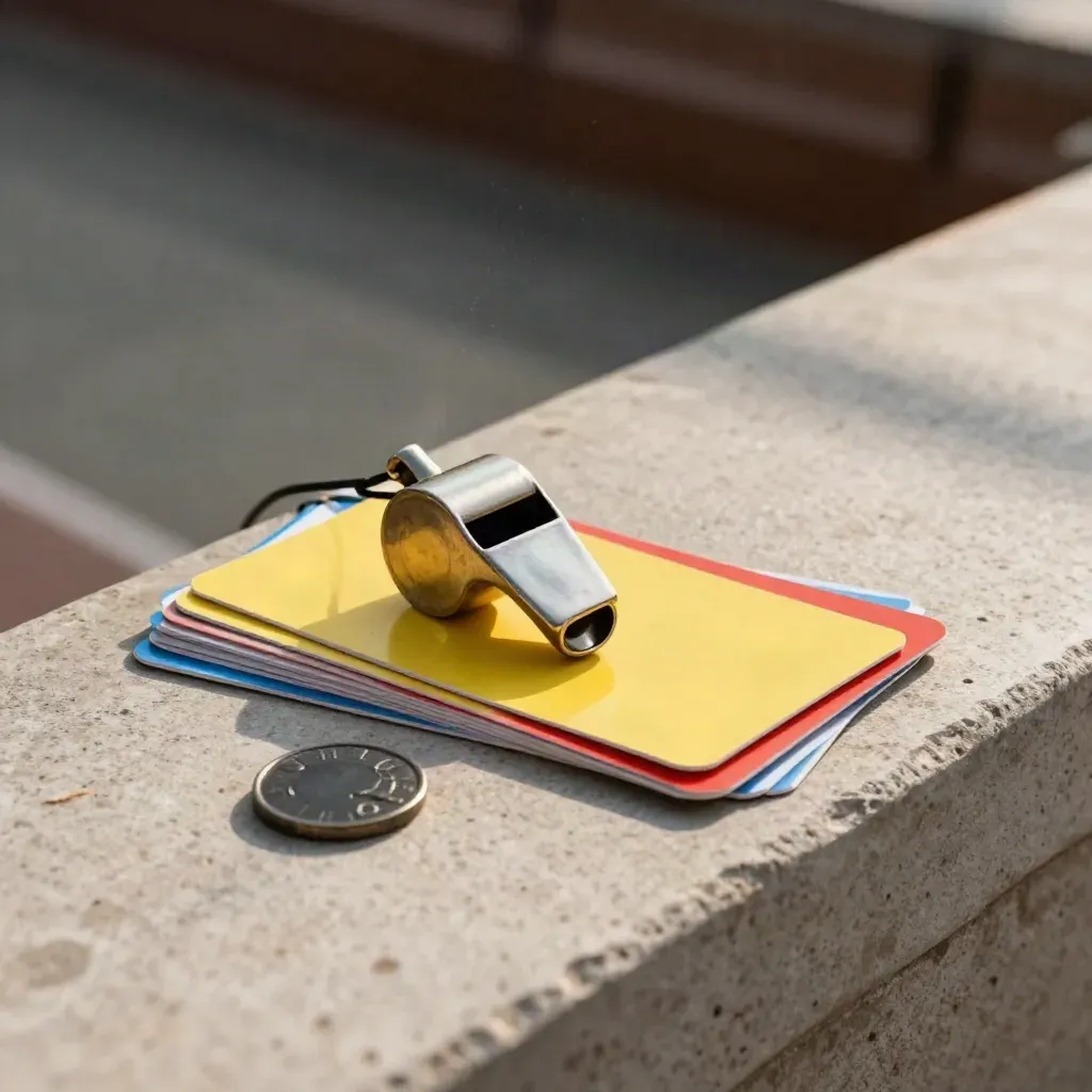 Referee whistle, yellow card, red card, and coin toss token on pale stone in stadium light