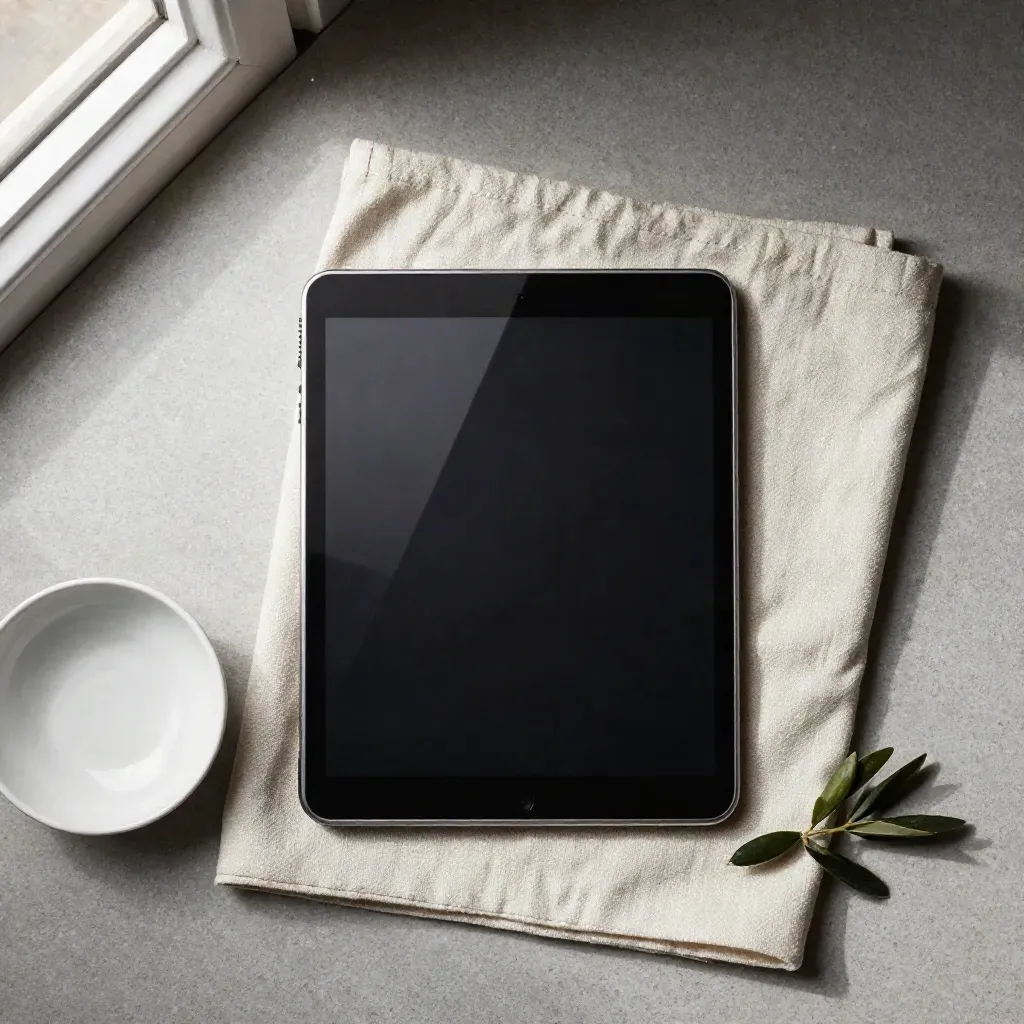 Overhead flatlay of a matte black tablet sleeve, cream cloth, dish, and olive sprig on pale stone.