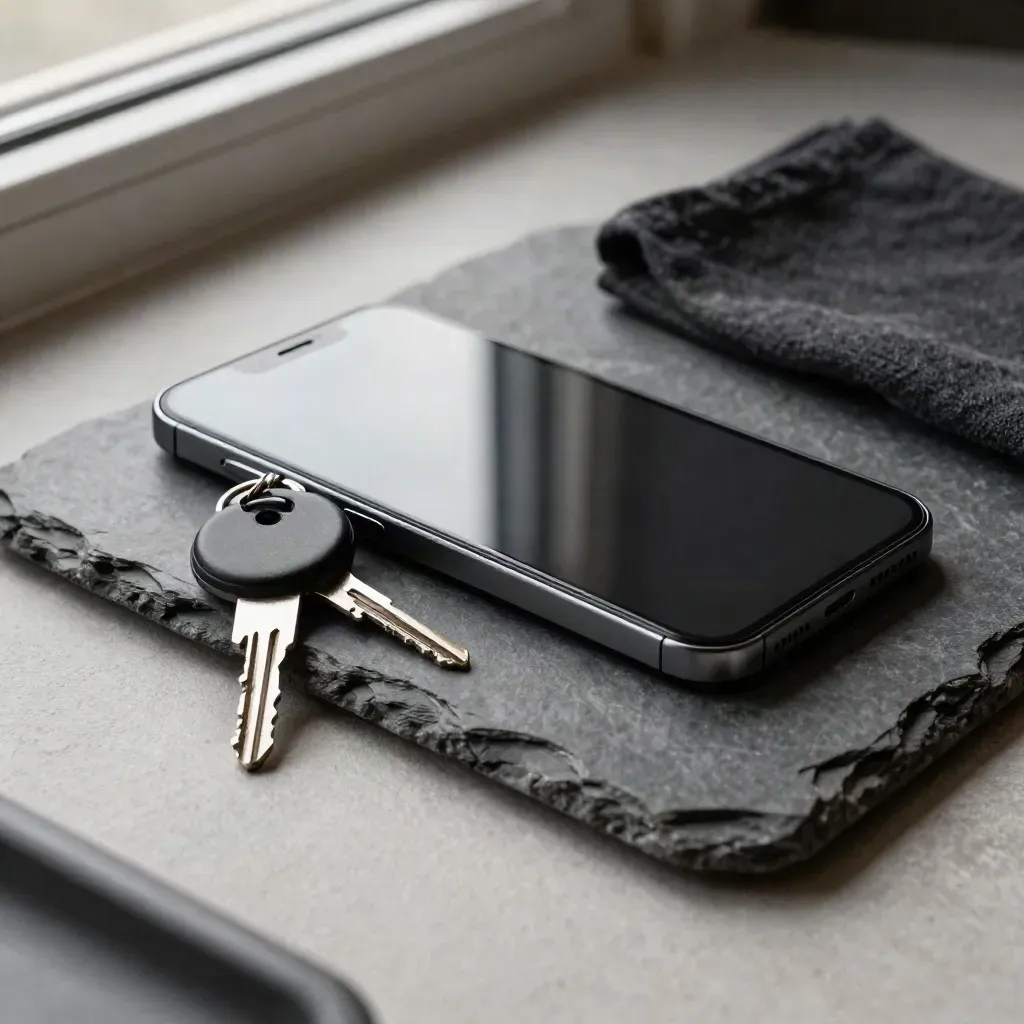 Smartphone, charging puck, and key ring on dark stone with an alert glow